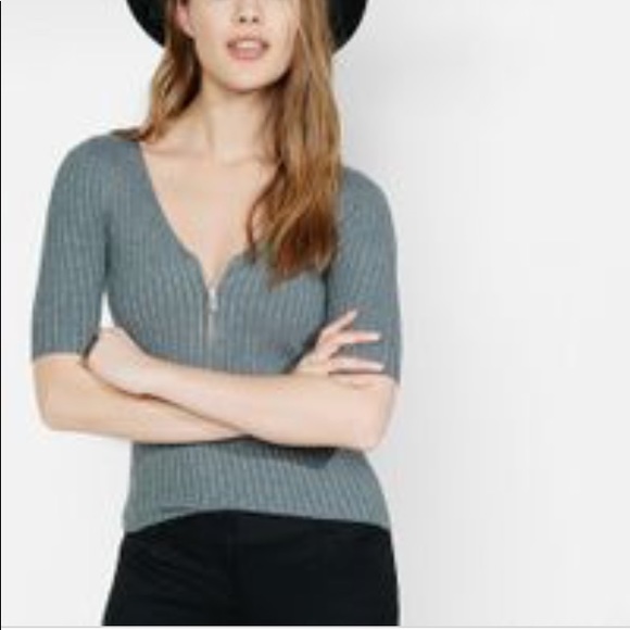 Express Sweaters - Express Ribbed Zip Front Elbow Sleeve Sweater XS